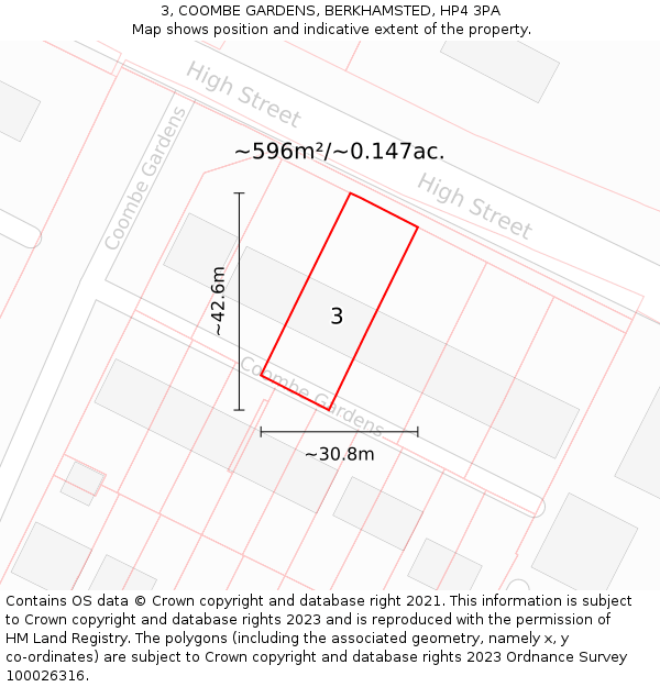 3, COOMBE GARDENS, BERKHAMSTED, HP4 3PA: Plot and title map