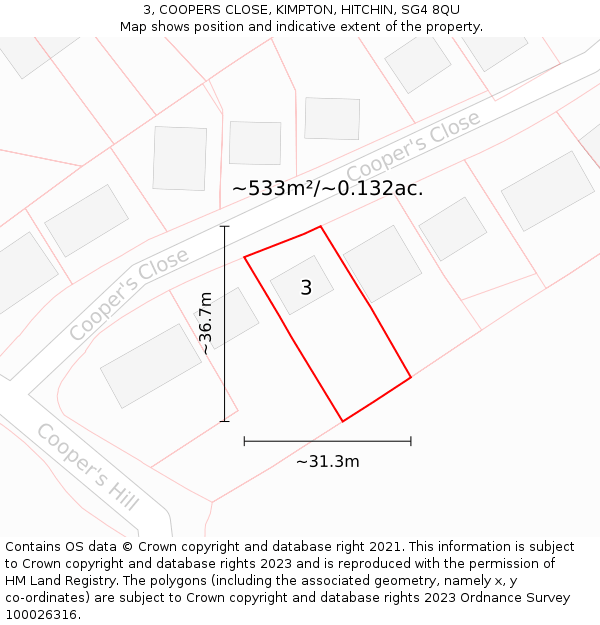 3, COOPERS CLOSE, KIMPTON, HITCHIN, SG4 8QU: Plot and title map