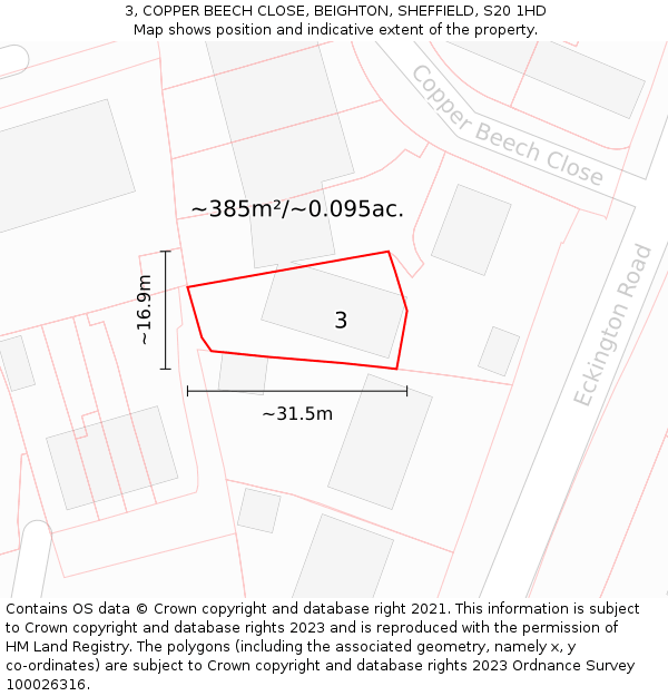 3, COPPER BEECH CLOSE, BEIGHTON, SHEFFIELD, S20 1HD: Plot and title map