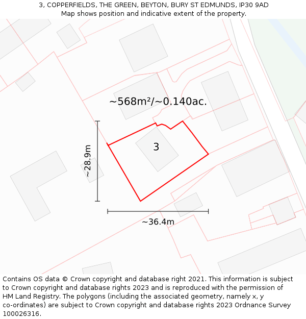 3, COPPERFIELDS, THE GREEN, BEYTON, BURY ST EDMUNDS, IP30 9AD: Plot and title map