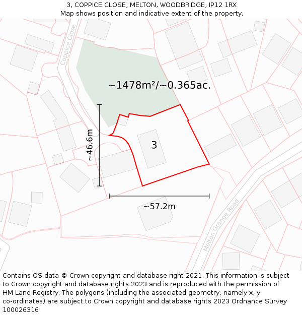 3, COPPICE CLOSE, MELTON, WOODBRIDGE, IP12 1RX: Plot and title map