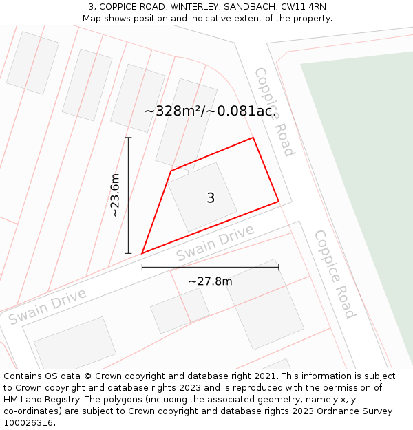 3, COPPICE ROAD, WINTERLEY, SANDBACH, CW11 4RN: Plot and title map
