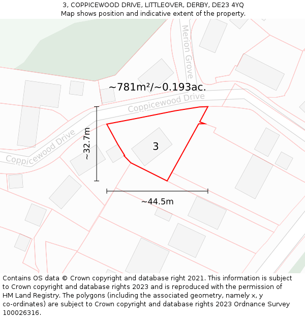 3, COPPICEWOOD DRIVE, LITTLEOVER, DERBY, DE23 4YQ: Plot and title map