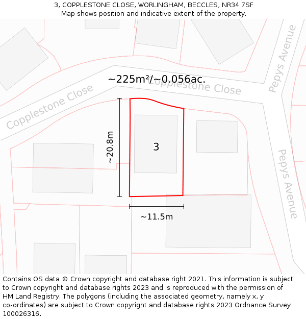 3, COPPLESTONE CLOSE, WORLINGHAM, BECCLES, NR34 7SF: Plot and title map