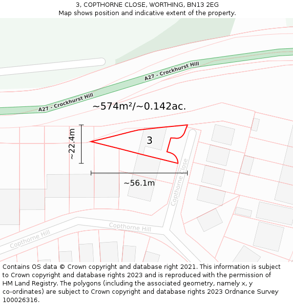 3, COPTHORNE CLOSE, WORTHING, BN13 2EG: Plot and title map