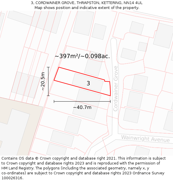 3, CORDWAINER GROVE, THRAPSTON, KETTERING, NN14 4UL: Plot and title map