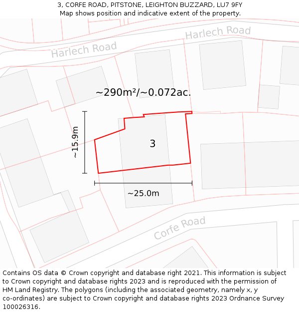 3, CORFE ROAD, PITSTONE, LEIGHTON BUZZARD, LU7 9FY: Plot and title map