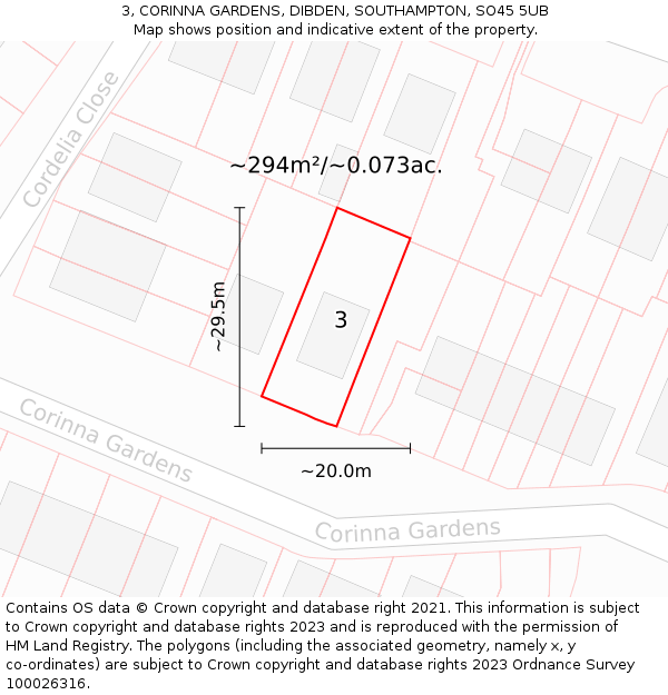 3, CORINNA GARDENS, DIBDEN, SOUTHAMPTON, SO45 5UB: Plot and title map