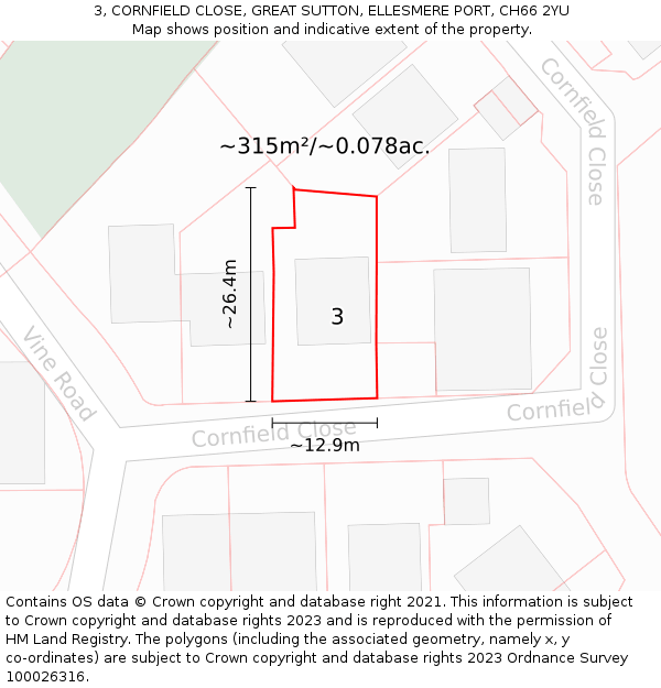 3, CORNFIELD CLOSE, GREAT SUTTON, ELLESMERE PORT, CH66 2YU: Plot and title map