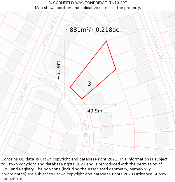 3, CORNFIELD WAY, TONBRIDGE, TN10 3PT: Plot and title map