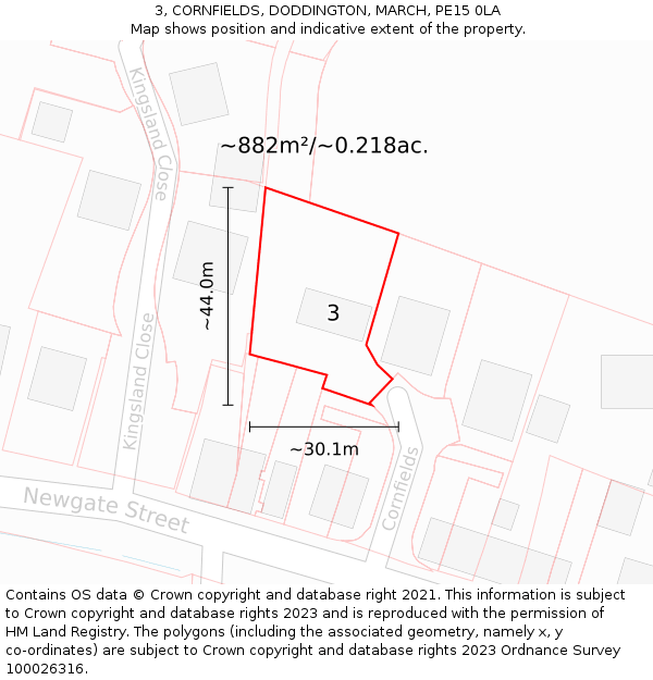 3, CORNFIELDS, DODDINGTON, MARCH, PE15 0LA: Plot and title map