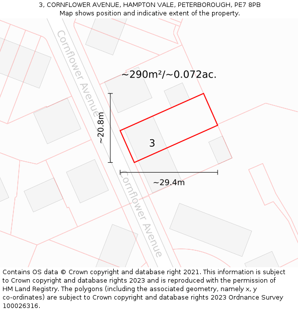3, CORNFLOWER AVENUE, HAMPTON VALE, PETERBOROUGH, PE7 8PB: Plot and title map