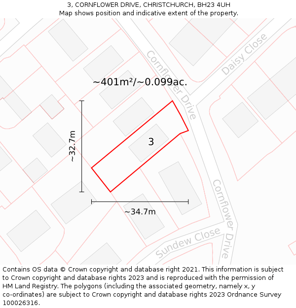 3, CORNFLOWER DRIVE, CHRISTCHURCH, BH23 4UH: Plot and title map