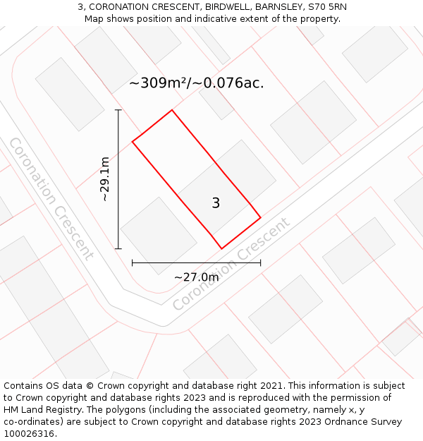3, CORONATION CRESCENT, BIRDWELL, BARNSLEY, S70 5RN: Plot and title map