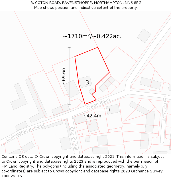 3, COTON ROAD, RAVENSTHORPE, NORTHAMPTON, NN6 8EG: Plot and title map