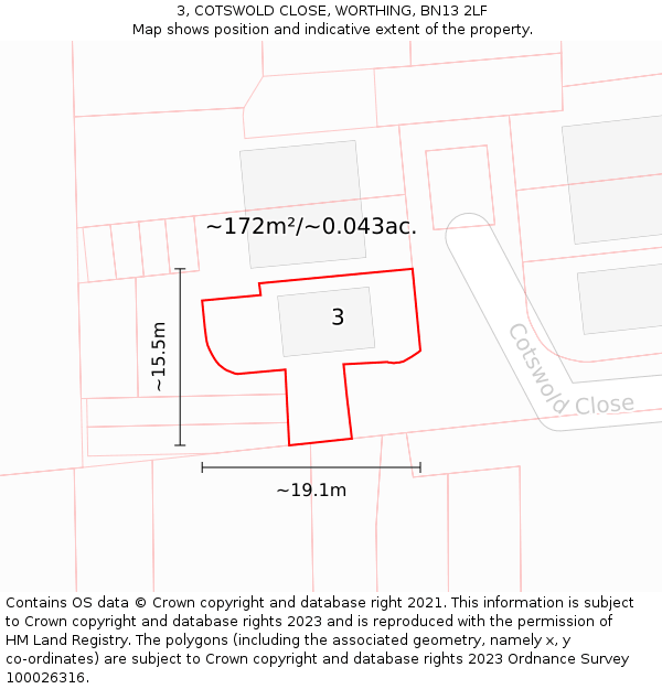 3, COTSWOLD CLOSE, WORTHING, BN13 2LF: Plot and title map