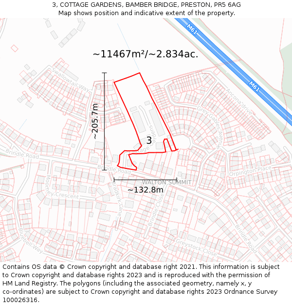 3, COTTAGE GARDENS, BAMBER BRIDGE, PRESTON, PR5 6AG: Plot and title map
