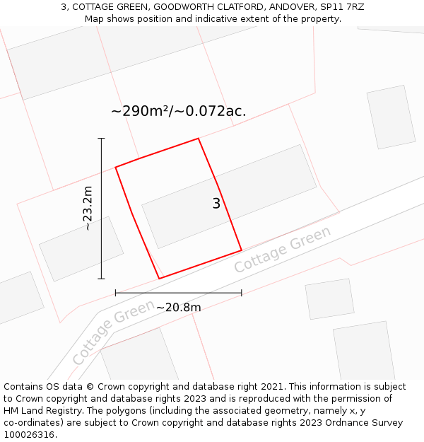 3, COTTAGE GREEN, GOODWORTH CLATFORD, ANDOVER, SP11 7RZ: Plot and title map