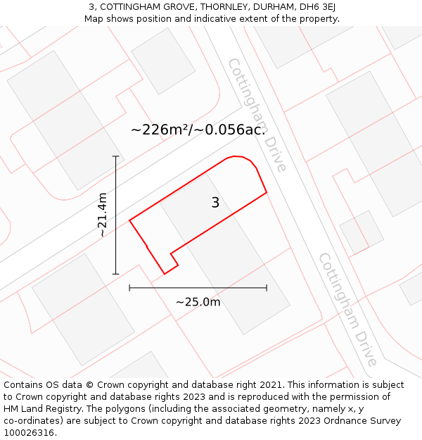 3, COTTINGHAM GROVE, THORNLEY, DURHAM, DH6 3EJ: Plot and title map