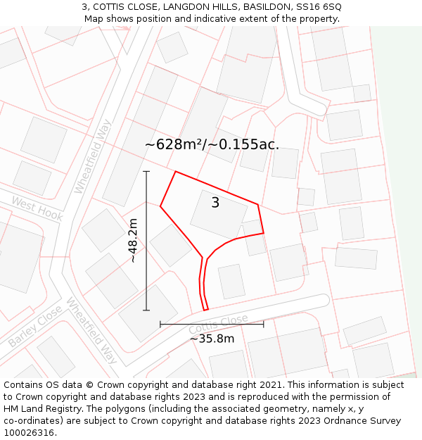 3, COTTIS CLOSE, LANGDON HILLS, BASILDON, SS16 6SQ: Plot and title map