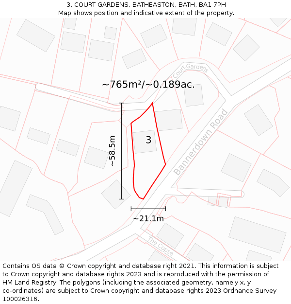 3, COURT GARDENS, BATHEASTON, BATH, BA1 7PH: Plot and title map