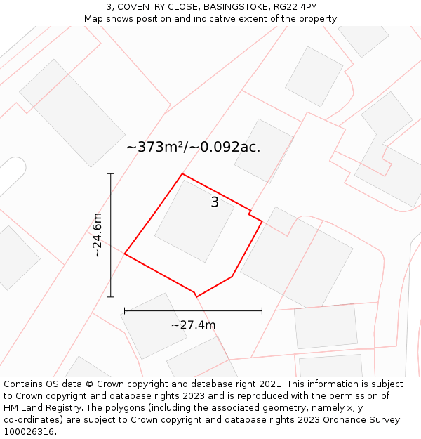 3, COVENTRY CLOSE, BASINGSTOKE, RG22 4PY: Plot and title map