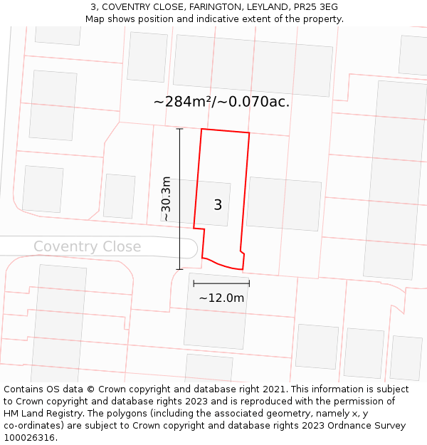 3, COVENTRY CLOSE, FARINGTON, LEYLAND, PR25 3EG: Plot and title map