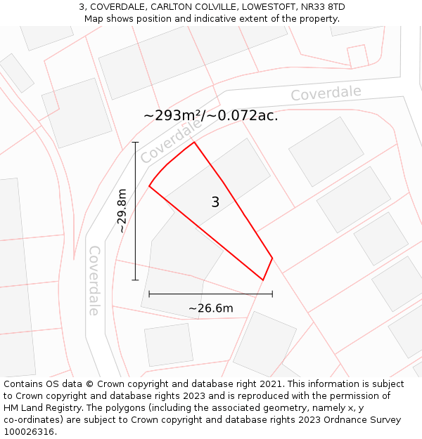 3, COVERDALE, CARLTON COLVILLE, LOWESTOFT, NR33 8TD: Plot and title map