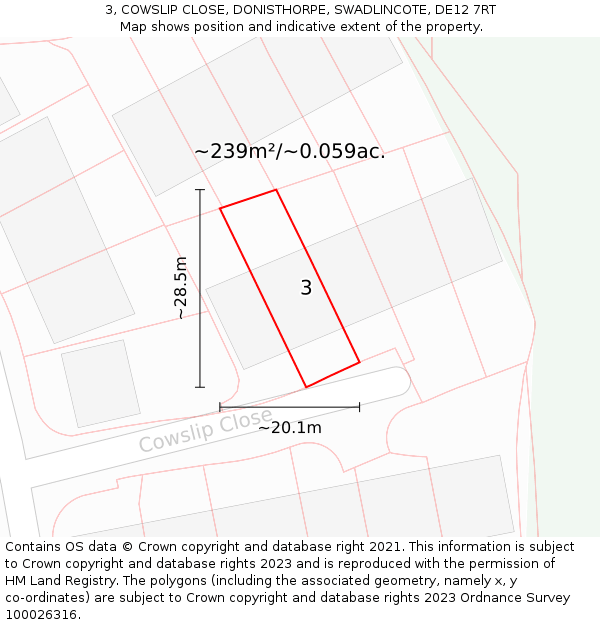 3, COWSLIP CLOSE, DONISTHORPE, SWADLINCOTE, DE12 7RT: Plot and title map