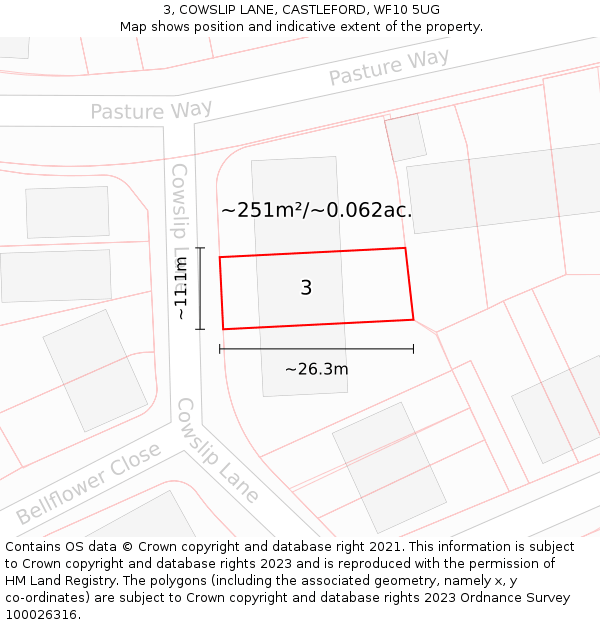 3, COWSLIP LANE, CASTLEFORD, WF10 5UG: Plot and title map