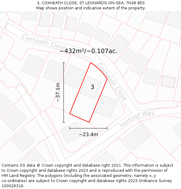 3, COXHEATH CLOSE, ST LEONARDS-ON-SEA, TN38 8ES: Plot and title map