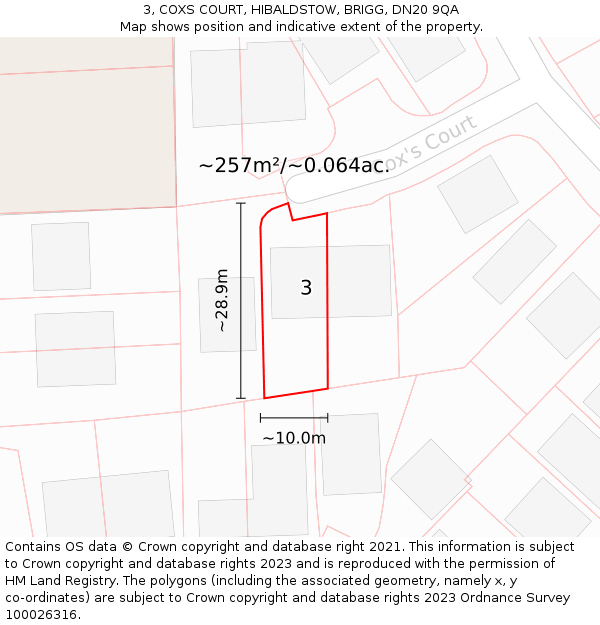 3, COXS COURT, HIBALDSTOW, BRIGG, DN20 9QA: Plot and title map
