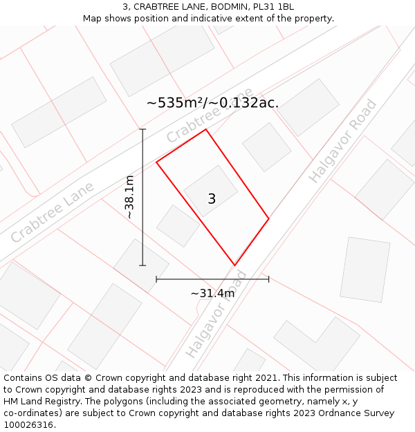 3, CRABTREE LANE, BODMIN, PL31 1BL: Plot and title map