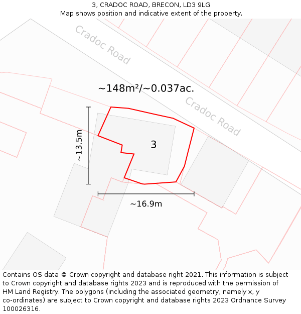 3, CRADOC ROAD, BRECON, LD3 9LG: Plot and title map