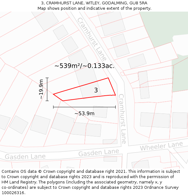 3, CRAMHURST LANE, WITLEY, GODALMING, GU8 5RA: Plot and title map