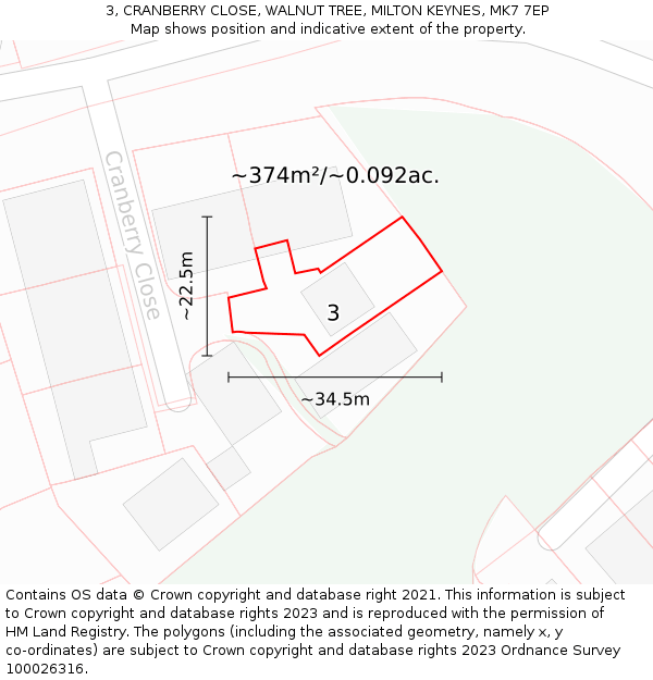 3, CRANBERRY CLOSE, WALNUT TREE, MILTON KEYNES, MK7 7EP: Plot and title map