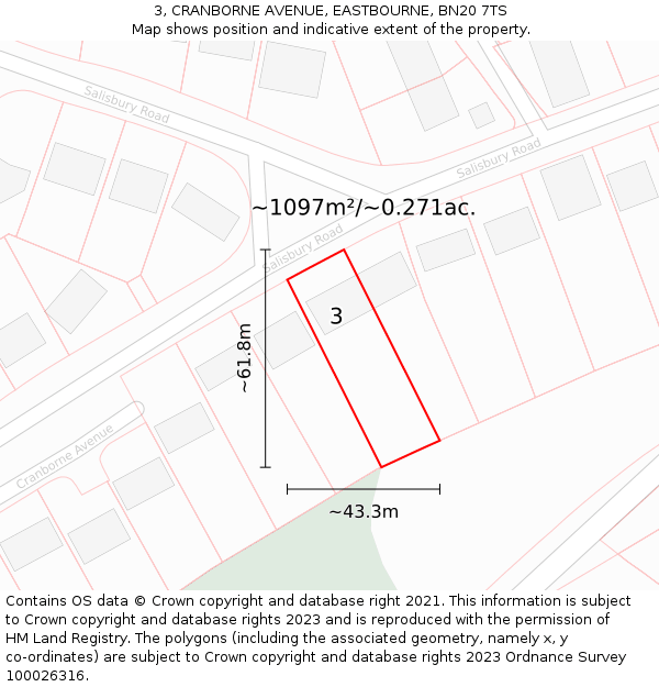3, CRANBORNE AVENUE, EASTBOURNE, BN20 7TS: Plot and title map