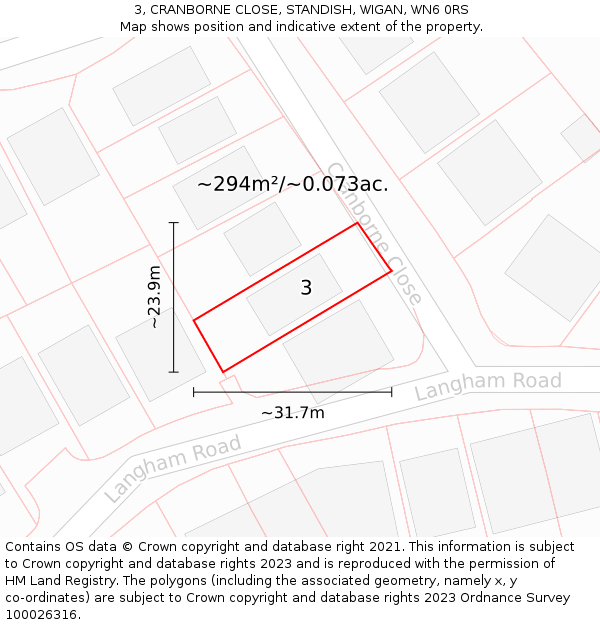 3, CRANBORNE CLOSE, STANDISH, WIGAN, WN6 0RS: Plot and title map