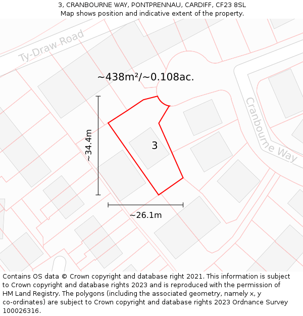 3, CRANBOURNE WAY, PONTPRENNAU, CARDIFF, CF23 8SL: Plot and title map
