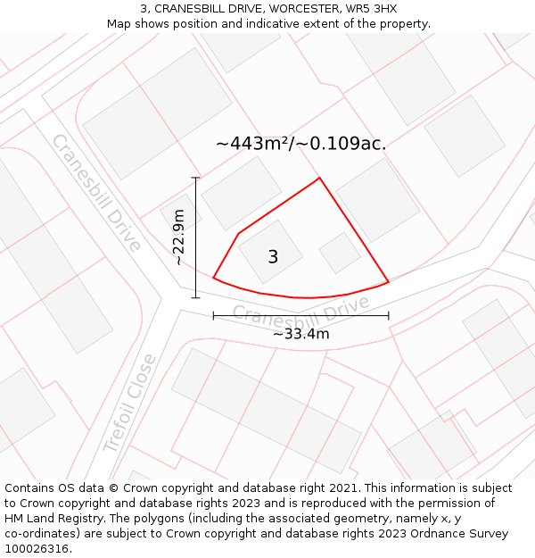 3, CRANESBILL DRIVE, WORCESTER, WR5 3HX: Plot and title map