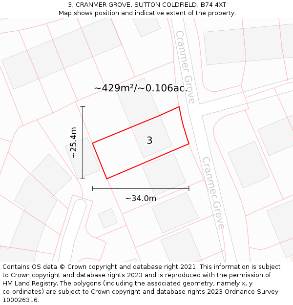 3, CRANMER GROVE, SUTTON COLDFIELD, B74 4XT: Plot and title map