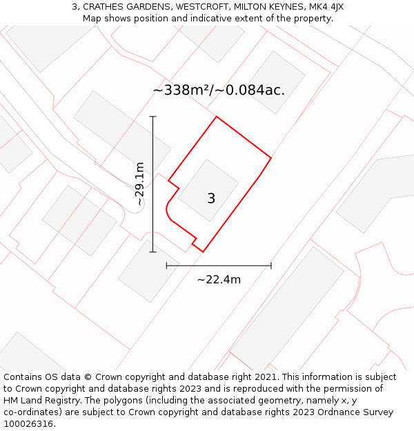 3, CRATHES GARDENS, WESTCROFT, MILTON KEYNES, MK4 4JX: Plot and title map