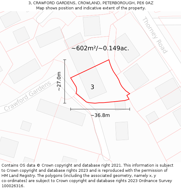 3, CRAWFORD GARDENS, CROWLAND, PETERBOROUGH, PE6 0AZ: Plot and title map