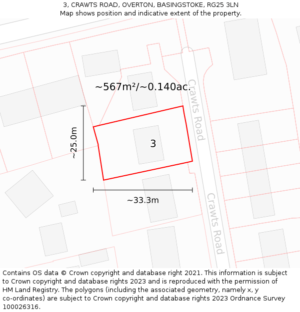 3, CRAWTS ROAD, OVERTON, BASINGSTOKE, RG25 3LN: Plot and title map