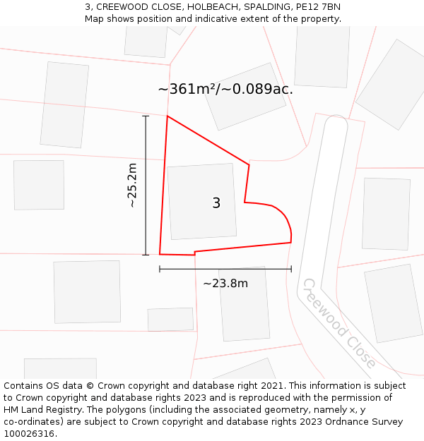 3, CREEWOOD CLOSE, HOLBEACH, SPALDING, PE12 7BN: Plot and title map