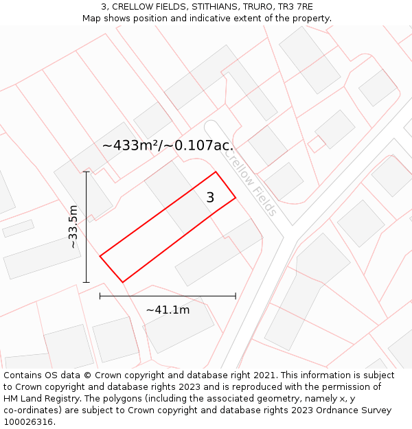 3, CRELLOW FIELDS, STITHIANS, TRURO, TR3 7RE: Plot and title map
