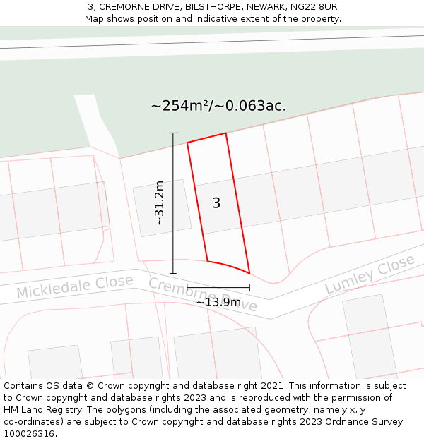 3, CREMORNE DRIVE, BILSTHORPE, NEWARK, NG22 8UR: Plot and title map