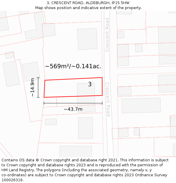 3, CRESCENT ROAD, ALDEBURGH, IP15 5HW: Plot and title map