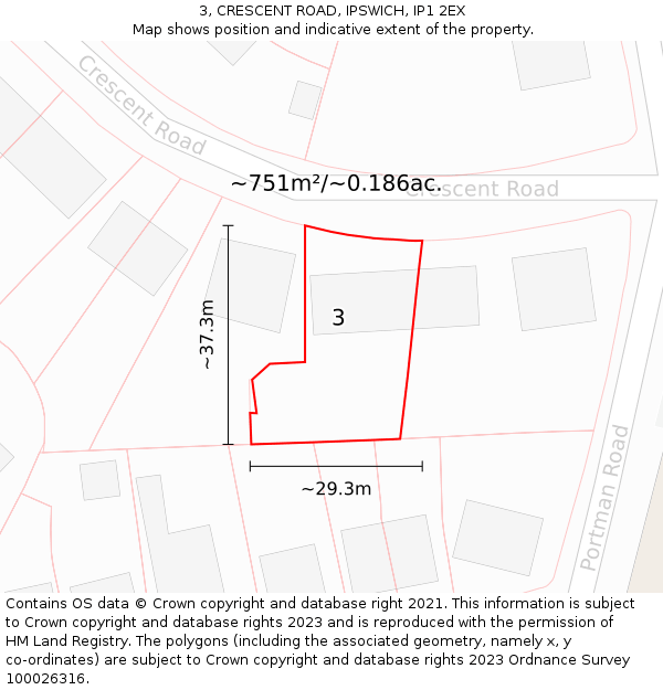 3, CRESCENT ROAD, IPSWICH, IP1 2EX: Plot and title map