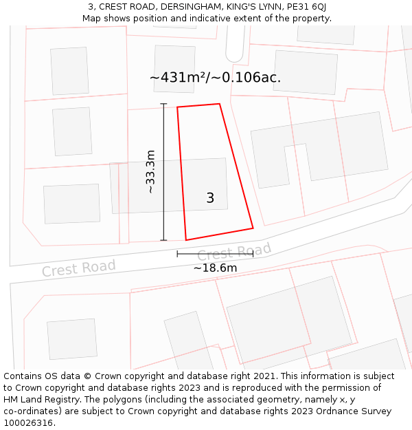 3, CREST ROAD, DERSINGHAM, KING'S LYNN, PE31 6QJ: Plot and title map